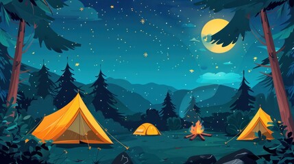 Wall Mural - Enchanting Night Camping Under a Starry Sky. Cartoon illustration of illuminated tents in a forest, evoking a sense of adventure and tranquility.