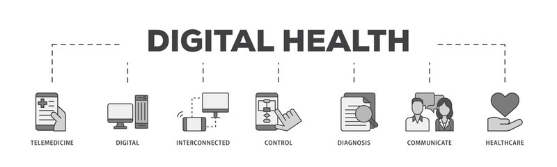 Poster - Digital health icon infographic illustration concept with icon of e health, telemedicine, interconnected, smartwatch, diagnosis, email, and medical app icon png and easy to edit 