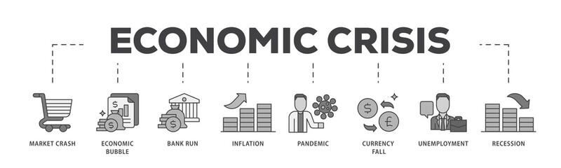 Poster - Economic crisis icon infographic illustration concept with icon of recession, unemployment, inflation, currency fall, pandemic, bank run icon png and easy to edit 