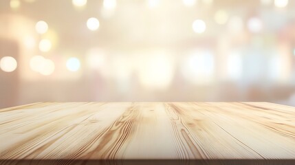 Poster - Smooth Birch Wood Tabletop with Soft Pastel Background and Bright Lighting