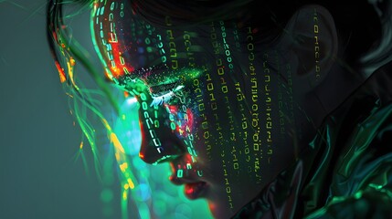 Wall Mural - Digital portrait of a hacker with neon code projections from natural gas wrapping around their body