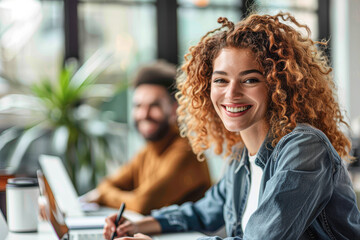 Wall Mural - A woman with curly hair is smiling and sitting at a desk with a laptop and a pen