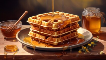 Wall Mural - a stack of Belgian waffles drizzled with honey on a plate on a dark background
