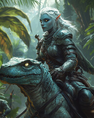 formidable drow warrior with blue skin and glowing yellow eyes, riding a powerful drake through a shadowy jungle, clad in ornate dark armor and poised for action