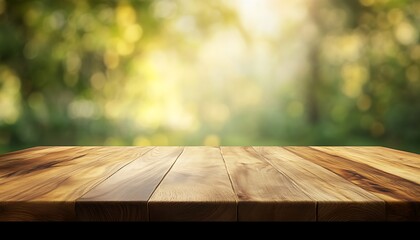 Poster - Smooth Oak Wood Tabletop with Soft Yellow and Green Background in Daylight