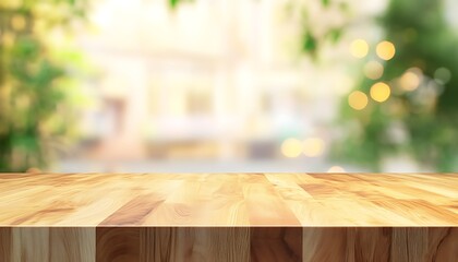Poster - Smooth Oak Wood Tabletop with Soft Yellow and Green Background in Daylight
