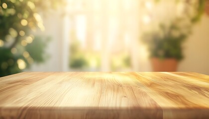 Poster - Smooth Oak Wood Tabletop with Soft Yellow and Green Background in Daylight