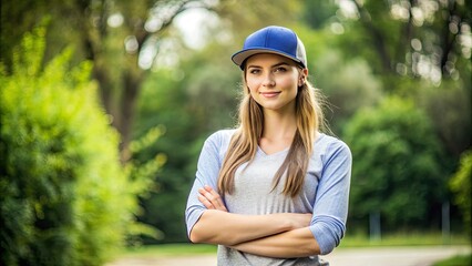 Attractive young woman wearing a baseball cap and casual attire, standing confidently with arms crossed, showcasing a relaxed and sporty lifestyle outdoors.