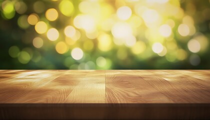 Poster - Smooth Oak Wood Tabletop with Soft Yellow and Green Background in Daylight