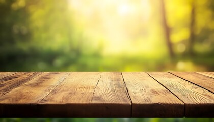 Poster - Smooth Oak Wood Tabletop with Soft Yellow and Green Background in Daylight