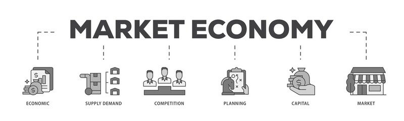Aufkleber - Market economy icon infographic illustration concept with icon of economic, supply demand, competition, planning, capital, market icon png and easy to edit 