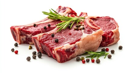 Wall Mural - Three raw beef steaks with rosemary and peppercorns isolated on white background.