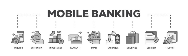 Aufkleber - Mobile banking icon infographic illustration concept with icon of transfer, withdraw, investment, payment, loan, exchange, shopping, verified and top up icon png and easy to edit 