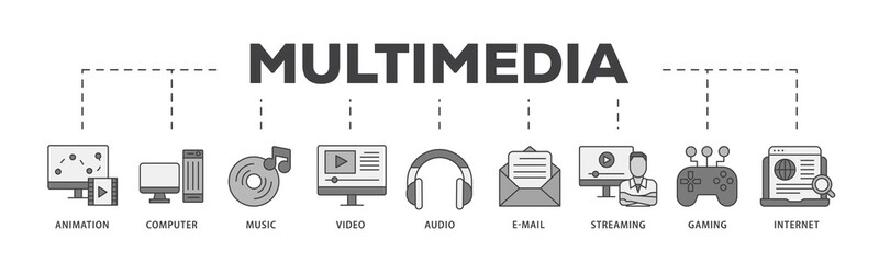 Aufkleber - Multimedia icon infographic illustration concept with icon of e mail, video, audio, internet, streaming, gaming, music, computer, animation icon png and easy to edit 