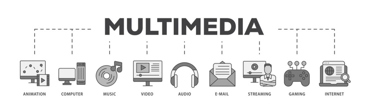 Multimedia icon infographic illustration concept with icon of e mail, video, audio, internet, streaming, gaming, music, computer, animation icon png and easy to edit 