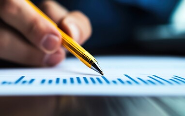 A close-up of a hand holding a pencil, analyzing data trends on a printed paper graph with blue bars.