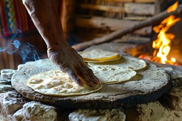 A hand placing freshly made tortillas on a traditional cooking surface by the fire. The warmth adds to the authentic kitchen aesthetic. Perfect for food lovers and cultural enthusiasts. Generative AI