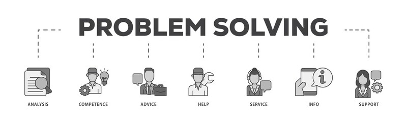 Poster - Problem solving icon infographic illustration concept with icon of analysis, critical thinking, creativity, emotional intelligence, research, team building  icon png and easy to edit 