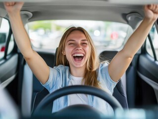 elated woman celebrating new car purchase expressing joy inside sleek modern vehicle