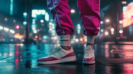 Fashionable sneakers and joggers in vibrant city nightlife. Stylish urban footwear on wet pavement at night.