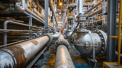 The complex network of pipes and valves in a gas power plant's turbine room 