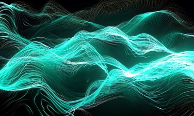 Poster - Abstract neon green wave moving multiple green wavy light lines moving on a black background