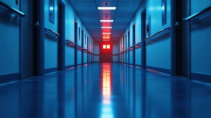 Poster - A dimly lit hospital corridor with blue and red lighting creating a mysterious atmosphere and reflections on the shiny floor.