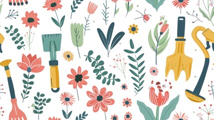 Sticker - Colorful Garden Illustration with Flowers, Plants, and Gardening Tools