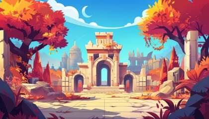 Overgrown temple in the desert. Ruins of an ancient civilization. Ancient ruins. Lost city. Cartoon 2d game illustration background. 