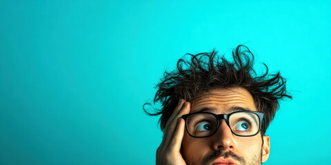 A young man with messy hair and glasses looks upward, exhibiting a puzzled expression against a vibrant turquoise background, capturing a moment of contemplation and curiosity.