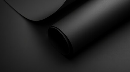 Wall Mural - Textured black surface with rolled paper and curved edge in a minimalist composition