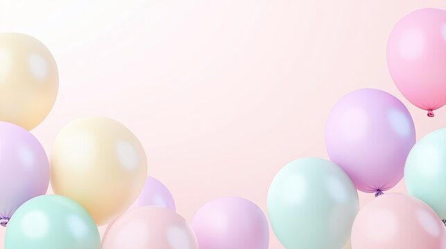 A group of pastel balloons rising in the lower half of the frame, with a soft, gradient background and an empty upper area perfect for adding custom text.