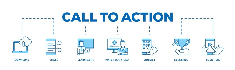 Poster - Call to action icon infographic illustration concept with icon of  click here, watch our video, subscribe, contact, learn more, share, download icon png and easy to edit 