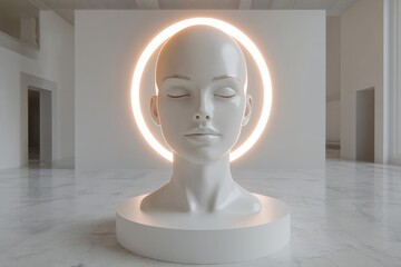 Sticker - Minimalist futuristic head model in a serene gallery space illuminated by a glowing circular light symbolizing artificial intelligence and human machine connection