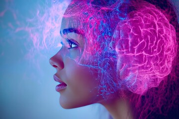 Wall Mural - Profile of a woman with vivid neural networks overlaying her brain symbolizing the fusion of human consciousness and digital technology in a glowing futuristic environment