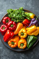 Wall Mural - Fresh variety of colorful bell peppers and herbs arranged on a dark plate