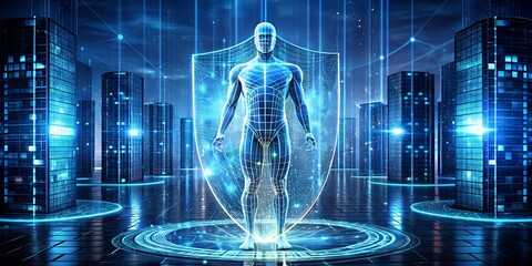 Poster - Cyber Guardian: A luminous android stands sentinel, digital shield raised in a futuristic cityscape, safeguarding against cyber threats. 