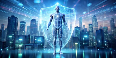 Poster - Cyber Guardian: A luminous android stands sentinel, digital shield raised in a futuristic cityscape, safeguarding against cyber threats. 