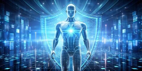Poster - Cyber Guardian: A luminous android stands sentinel, digital shield raised in a futuristic cityscape, safeguarding against cyber threats. 