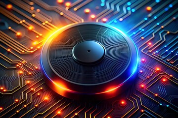 Poster - Cybernetic Core: A futuristic, glowing blue and orange mechanical eye gazes out from a complex circuit board, embodying the power of artificial intelligence and advanced technology. 