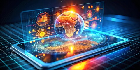 Poster - Global Business Insights: A businessman analyzes vibrant, holographic financial data projected above his tablet, showcasing the power of technology in modern business. 