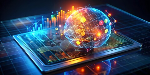 Poster - Global Business Insights: A businessman analyzes vibrant, holographic financial data projected above his tablet, showcasing the power of technology in modern business. 