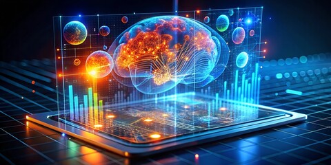 Poster - Digital Brain: A futuristic concept of a digital brain, floating above a tablet, with glowing circuits and data points. This image evokes the power of technology, artificial intelligence, 