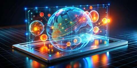 Poster - Global Business Insights: A businessman analyzes vibrant, holographic financial data projected above his tablet, showcasing the power of technology in modern business. 