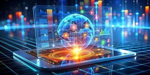 Poster - Global Business Insights: A businessman analyzes vibrant, holographic financial data projected above his tablet, showcasing the power of technology in modern business. 
