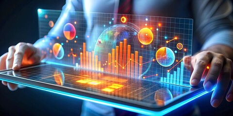 Poster - Global Business Insights: A businessman analyzes vibrant, holographic financial data projected above his tablet, showcasing the power of technology in modern business. 