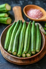 Wall Mural - Fresh okra pods arranged in a wooden bowl with sliced okra and salt on a dark surface