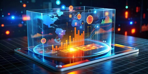 Poster - Global Business Insights: A businessman analyzes vibrant, holographic financial data projected above his tablet, showcasing the power of technology in modern business. 