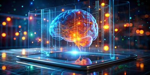 Poster - Digital Brain: A futuristic concept of a digital brain, floating above a tablet, with glowing circuits and data points. This image evokes the power of technology, artificial intelligence, 