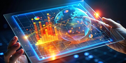 Poster - Global Business Insights: A businessman analyzes vibrant, holographic financial data projected above his tablet, showcasing the power of technology in modern business. 